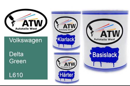 Volkswagen, Delta Green, L610: 1L Lackdose + 1L Klarlack + 500ml Härter - Set, von ATW Autoteile West.